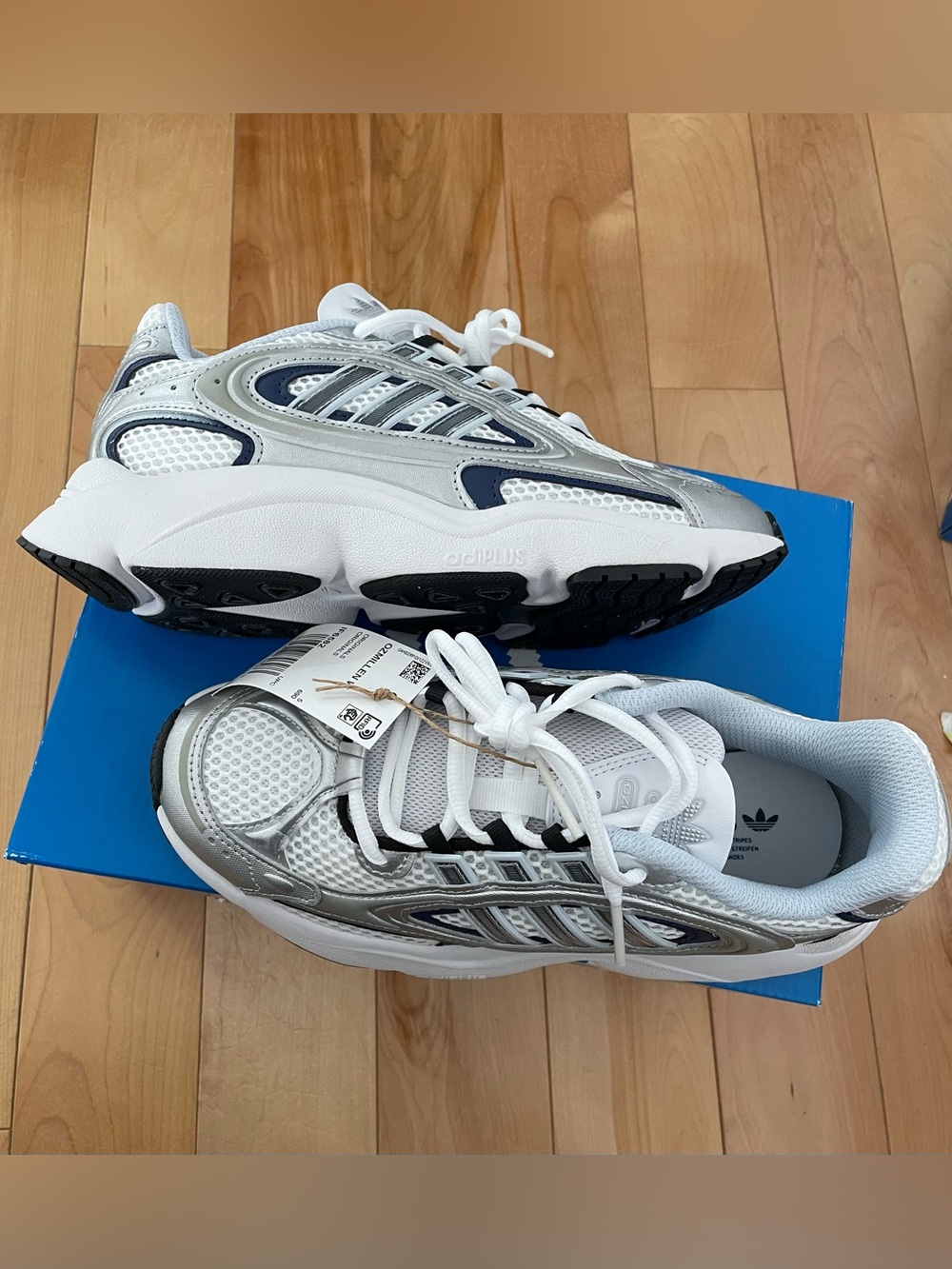 adidas Kids White & Silver Athletic Sneakers with Navy Accents